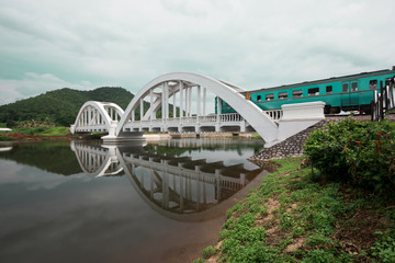 The train is crossing the white bridge with beautiful mountain view

