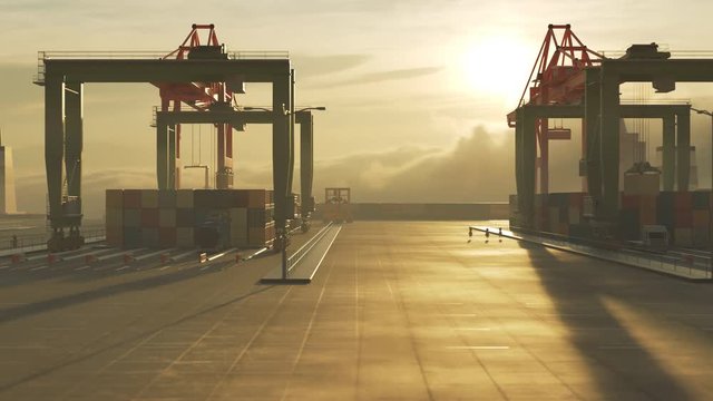 Dockworker in busy, polluted maritime container port. Transportation of goods.