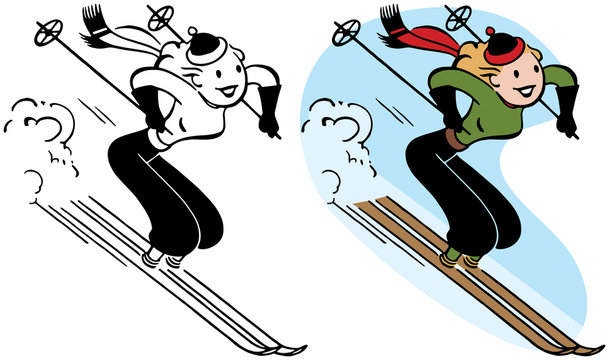 A woman speeds downhill on her skis.
