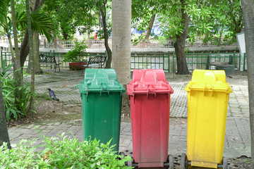 Colorful Three Recycle Bins In The Park, Environmental protection