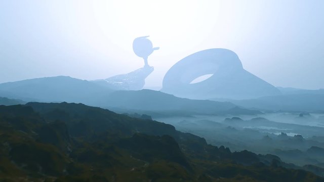 Gigantic extraterrestrial spaceship invasion on alien foggy sci-fi landscape. 4K