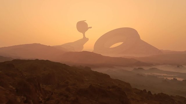 Gigantic extraterrestrial spaceship invasion on alien foggy sci-fi landscape. 4K