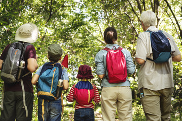 Family hiking in a forest