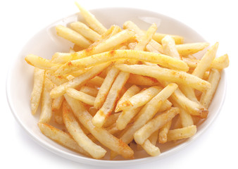 French fries in white plate isolated on white background