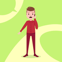 teen boy character sad phone call male red suit template for design work and animation on green background full length flat person, vector illustration