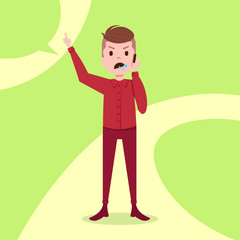 teen boy character angry phone call male red suit template for design work and animation on green background full length flat person, vector illustration