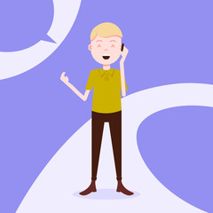 teen boy character happy phone call male template for design work and animation on violet background full length flat person vector illustration