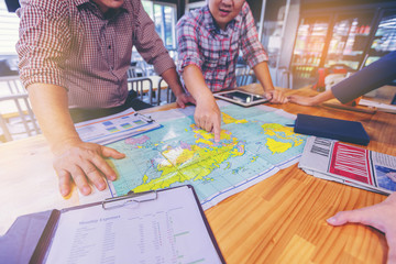 Hand pointing on the map showing occupation for business at Russia. planning for destination at...