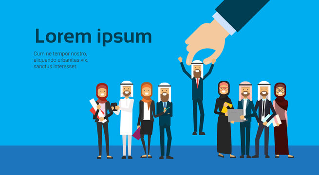 recruitment hand picking arab businessman candidate from arabic people group over blue background, flat, copy space, vector illustration