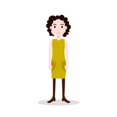 girl brunette character serious female yellow dress template for design work and animation on white background full length flat person vector illustration