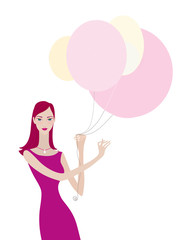 Green-eyed girl in a crimson dress with balloons in her hands.