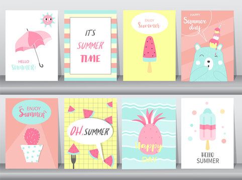 Set of summer card on pattern design,poster,template,greeting,cards,fruits,ice cream,Vector illustrations