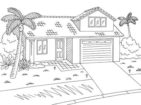 Street road graphic house black white landscape sketch illustration vector