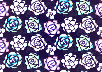 Seamless pattern of neon succulents with patches of light on a dark background. View from above. Vector texture for creating fabrics, wallpaper and your design.