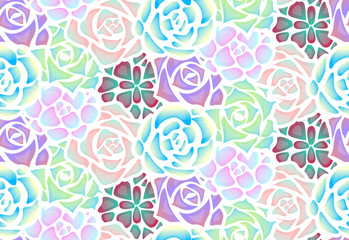 Seamless pattern of neon succulents with patches of light . View from above. Vector texture for creating fabrics, wallpaper and your design.