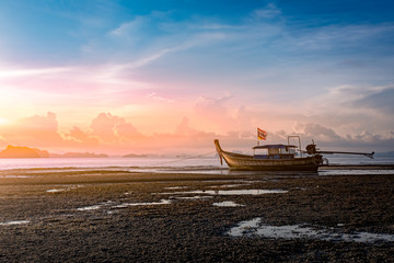 sand beach sunset boat background blue sky white cloud
