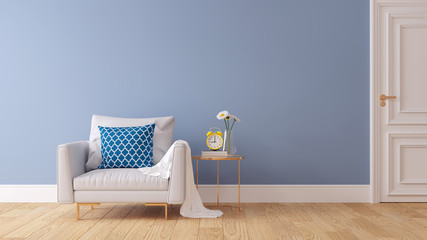 Pastel color and modern room interior design,light gray sofa with blue wall and wood floor ,3d render