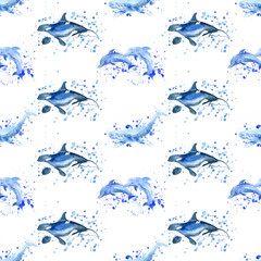 Obraz premium Wieloryb, delfin, orka akwarela rastrowy wzór.