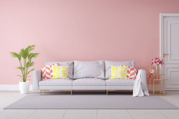 Minimalist Pastel color and modern room interior design,light gray sofa and green plant with pink wall and tile floor ,summer concept,3d render