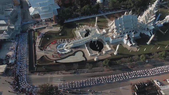 Aerial shot. 3 shots. Around Temple Wat Rog Kuhn (white temple) ,Chiang rai , Thailand in the morning
