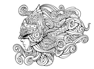 mythical creature, girl in a helmet with tentacles