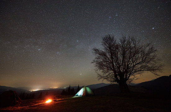 Bonfire burning near tourist illuminated tent, lit from inside. Night camping in mountains under amazing starry sky. Distant hills, silhouette of big tree in background. Tourism and traveling concept