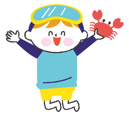 カニを捕まえて喜ぶ男の子