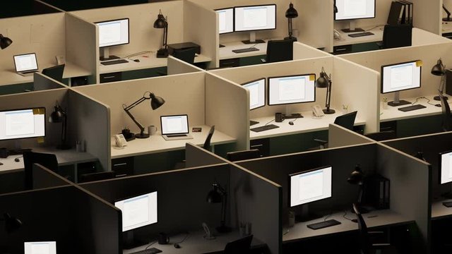 Modern office cubicles. Red error screen showing in the computer screens.