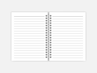 Open notebook with white lined pages vector mock up