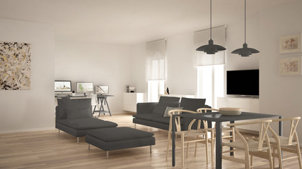 Scandinavian contemporary living room open space with dining table, sofa and chaise longue, office, home workplace with computers, minimal modern white and gray interior design