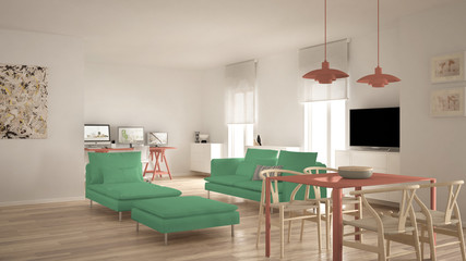 Scandinavian contemporary living room open space with dining table, sofa and chaise longue, office, home workplace with computers, minimal modern green and orange interior design