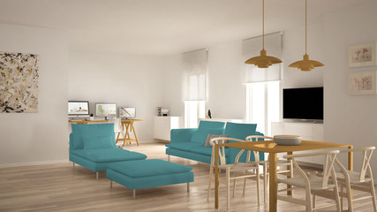 Scandinavian contemporary living room open space with dining table, sofa and chaise longue, office, home workplace with computers, minimal modern blue and yellow interior design