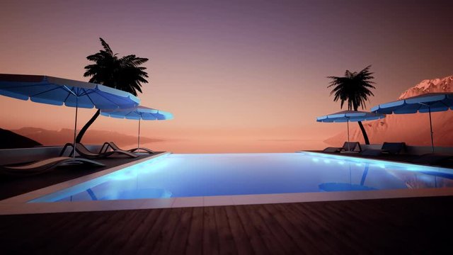 Horizon infinity swimming pool and palm trees during sunset. Hotel Spa summer