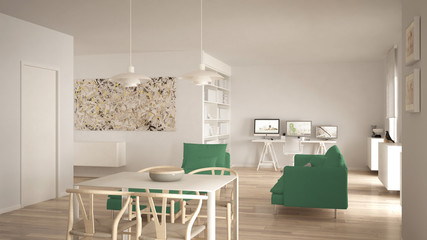 Nordic minimalist living room open space with dining table, sofa, corner office, home workplace with computers, contemporary modern white and green interior design