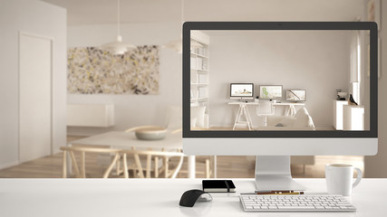 Architect house project concept, desktop computer on white work desk showing modern living room with home workplace, minimalistic blurred interior design in the background