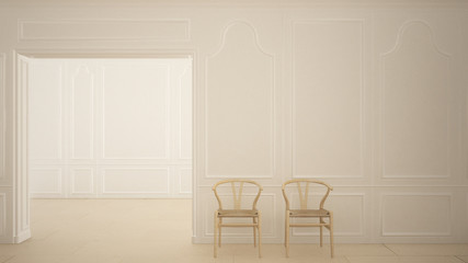 Fototapeta na wymiar Classic empty room with marble floor and wooden chairs, white contemporary interior design