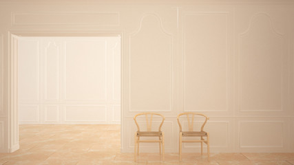 Classic empty room with marble floor and wooden chairs, white contemporary interior design