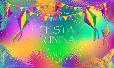 Brazil, Portugal, celebrate Summer Festival Festa Junina of Sao Joao, carnival, music, dance, poster, fireworks, palm leafs, lantern, confetti, garland flags decoration