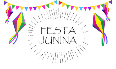 Fototapeta na wymiar Brazil, Portugal, celebrate Summer Festival Festa Junina of Sao Joao, carnival, music, dance, poster, fireworks, lantern, confetti, garland flags decoration, calligraphy text