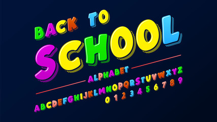 Latin alphabet - badge back to school. Trend font 2018 Color in cute cartoon flat style.