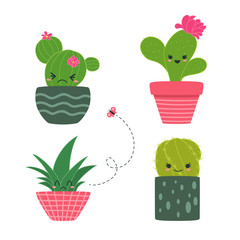 Cartoon set of green cactuses. Element design. Vector illustration on white background.  Abstract cactus in flower pot.