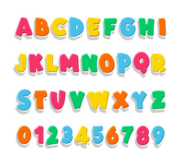 Children's font in the cartoon style cute. Set of multicolored bright letters for inscriptions. Vector illustration of an alphabet. On a white background.