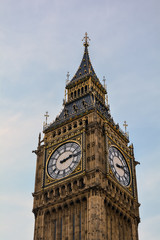 A view of the famous London neo-gothic landmark, the Clock Tower, or Elizabeth Tower, more widely known as Big Ben, against a blue and cloudy sky.