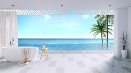 Fototapeta na wymiar Relaxing summer, White Bathtub with Sunbathing deck and private swimming pool with near beach and panoramic sea view at luxury house /3d rendering