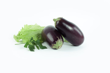 eggplant,lettuce and parsley on a white background