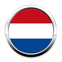 Obraz premium Button Flag of Netherlands in a round metal chrome frame with a shadow. The symbol of Independence Day, a souvenir, a button for switching the language on the site, an icon.