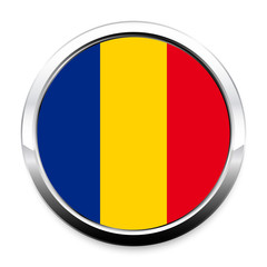 Button Flag of Romania in a round metal chrome frame with a shadow. The symbol of Independence Day, a souvenir, a button for switching the language on the site, an icon.