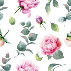 Watercolor vector hand painting seamless pattern of peony flowers and green leaves. - obrazy, fototapety, plakaty