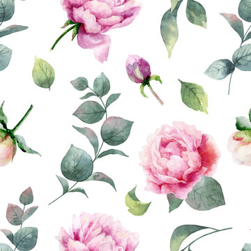 Watercolor vector hand painting seamless pattern of peony flowers and green leaves.