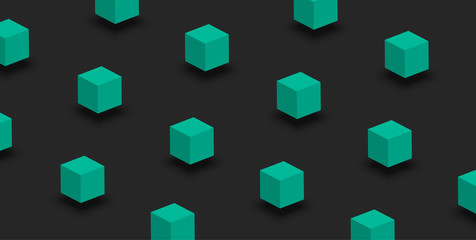 Grey background with green geometric 3d cubes pattern.